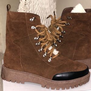 Faux Shearling Tongue Biker Boots
